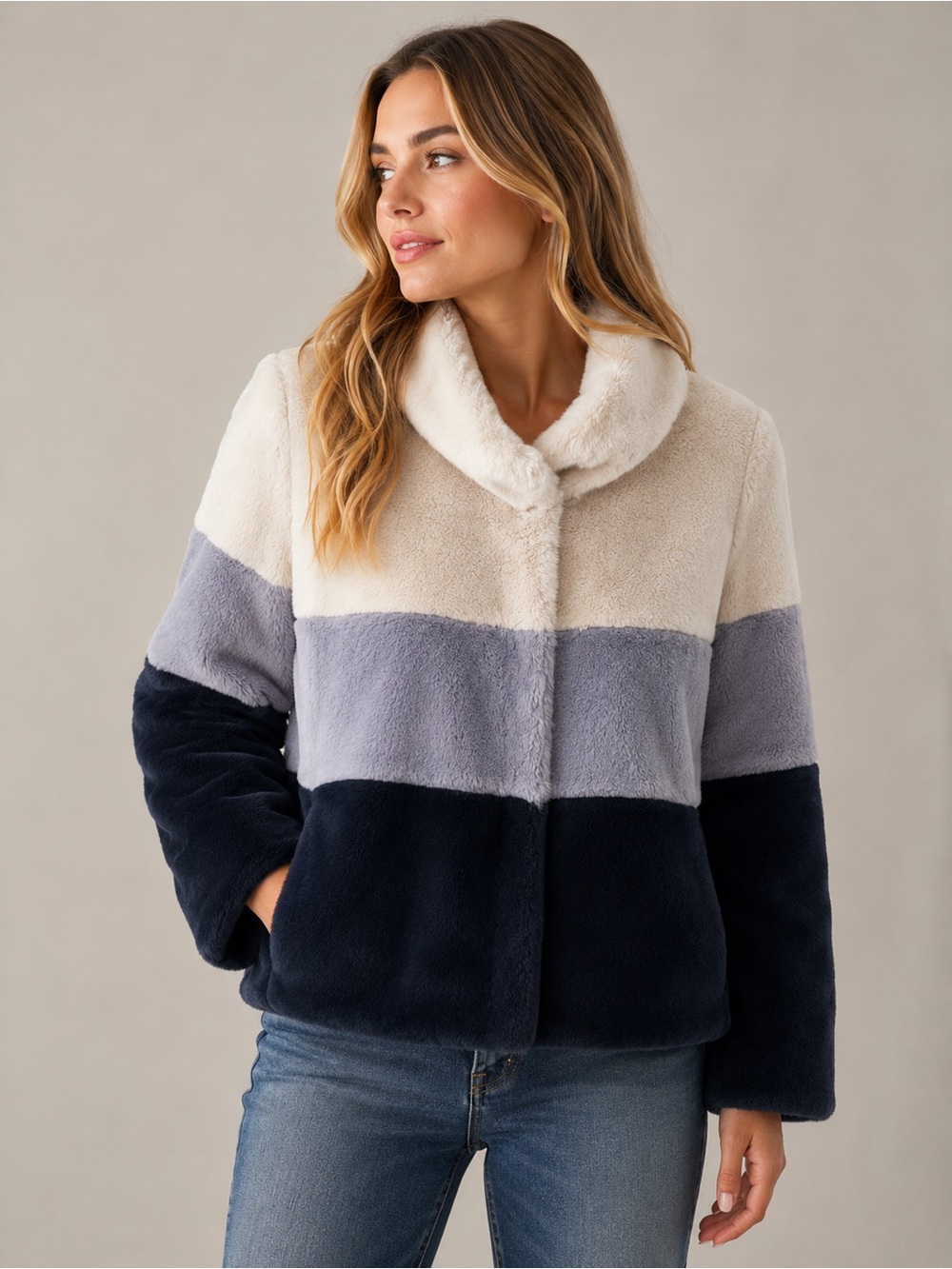 Andrew Marc Colorblock Faux Fur Bomber Jacket - Cream, Gray & Navy